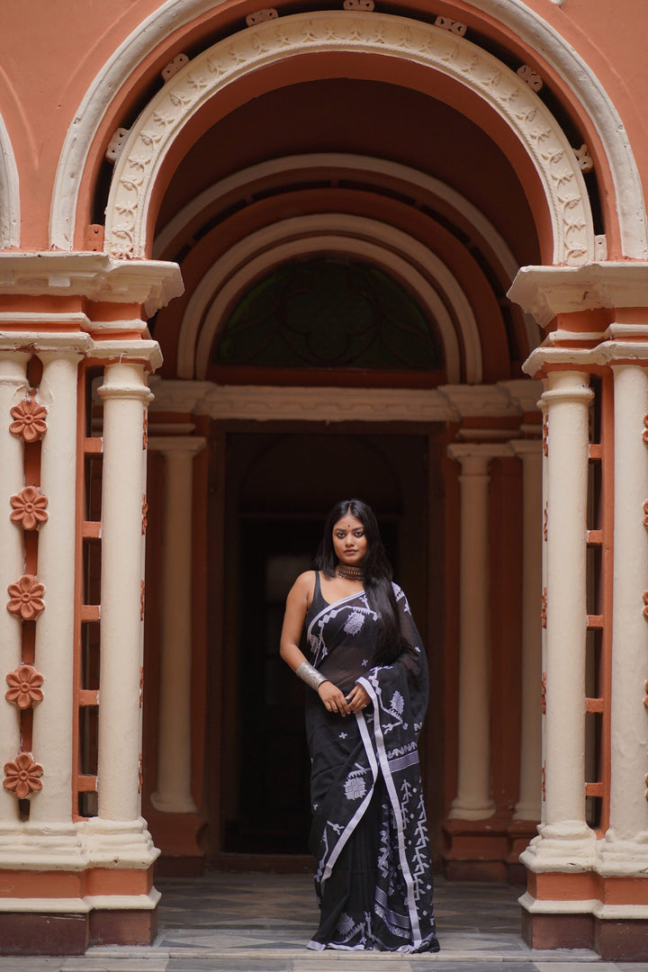 Midnight Blossom Jamdani Saree