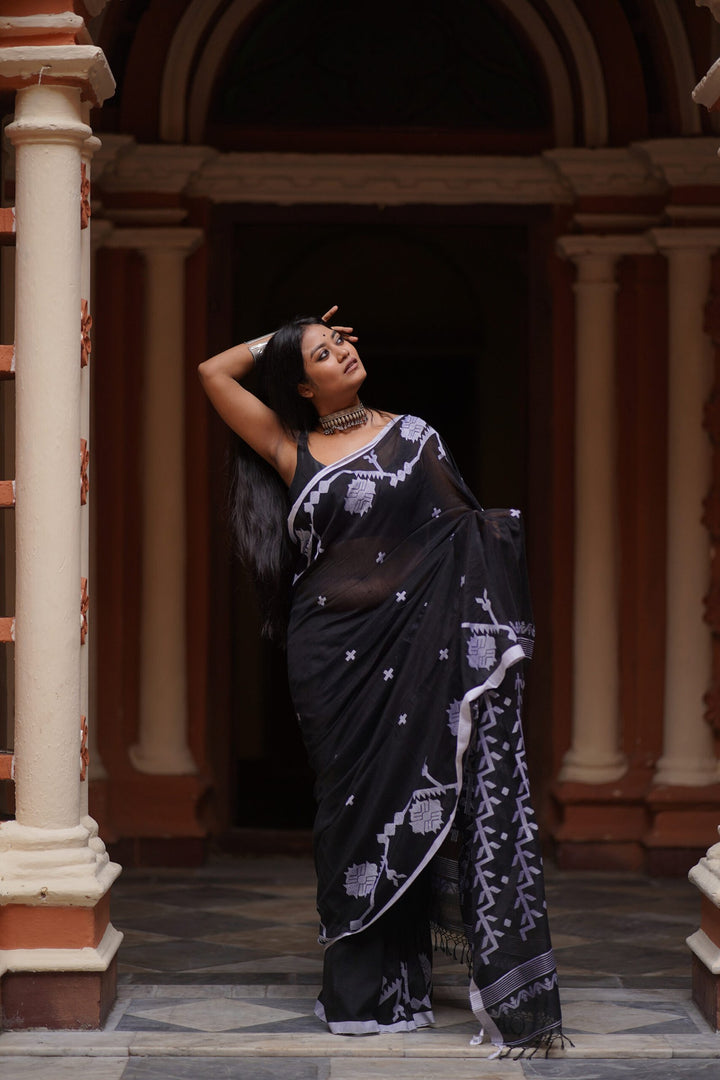 Midnight Blossom Jamdani Saree