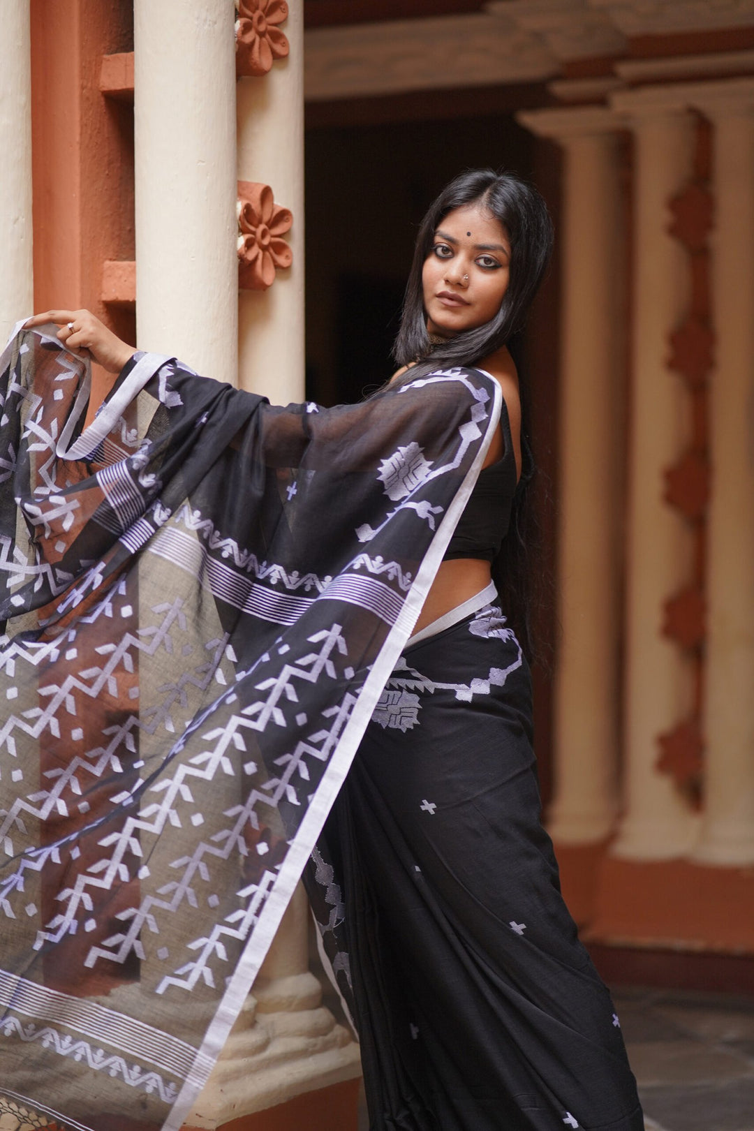 Midnight Blossom Jamdani Saree