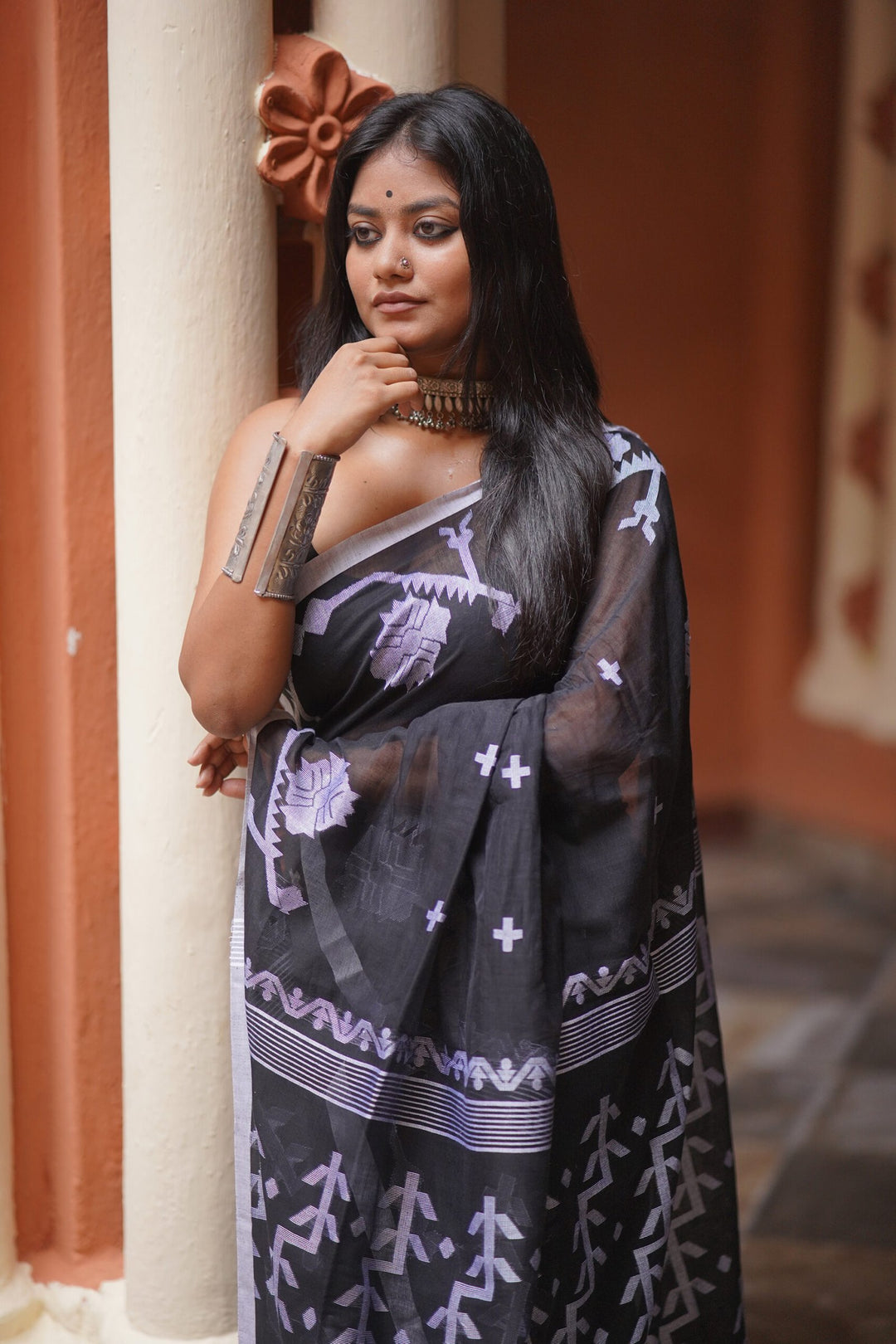 Midnight Blossom Jamdani Saree