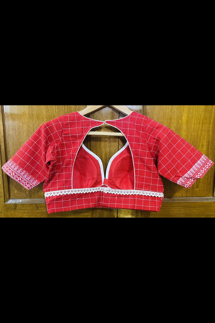 Red Box Check Jamdani Blouse
