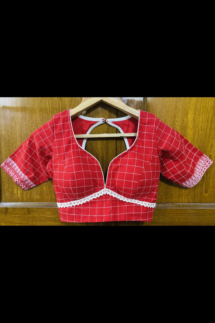 Red Box Check Jamdani Blouse