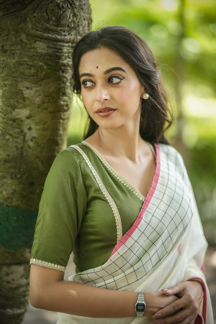 Olive Aura Zari Festive Cotton Blouse