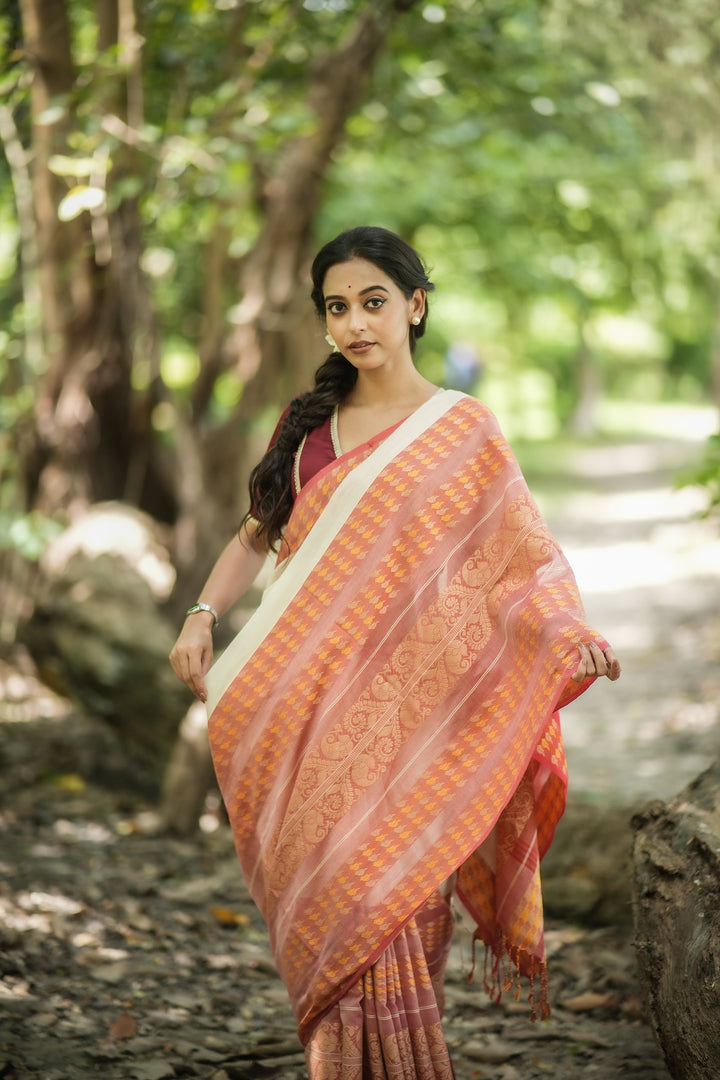 Mahapaar Alpona Lal Sada Handloom Jamdani Saree