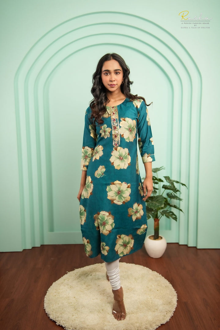 Azure Blossom - Blue Kurta For Women