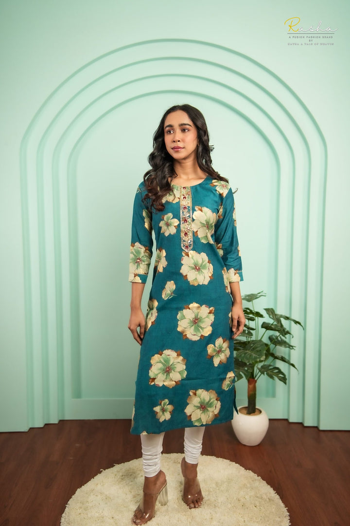 Azure Blossom - Blue Kurta For Women