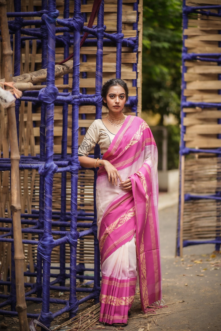 Golapi Padma Mahapaar Cotton Handloom Jamdani Saree