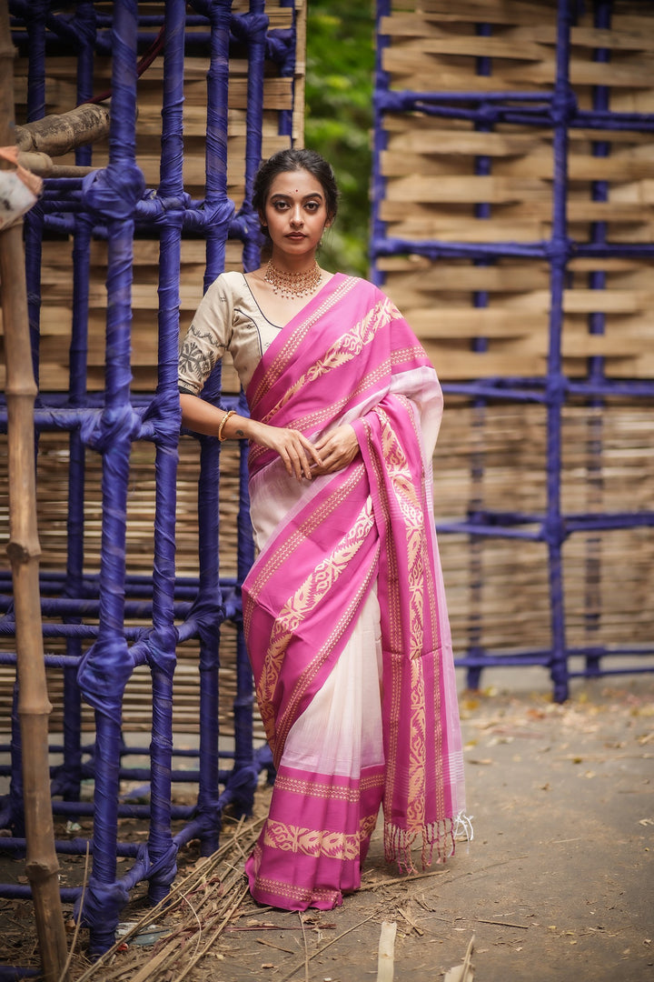 Golapi Padma Mahapaar Cotton Handloom Jamdani Saree