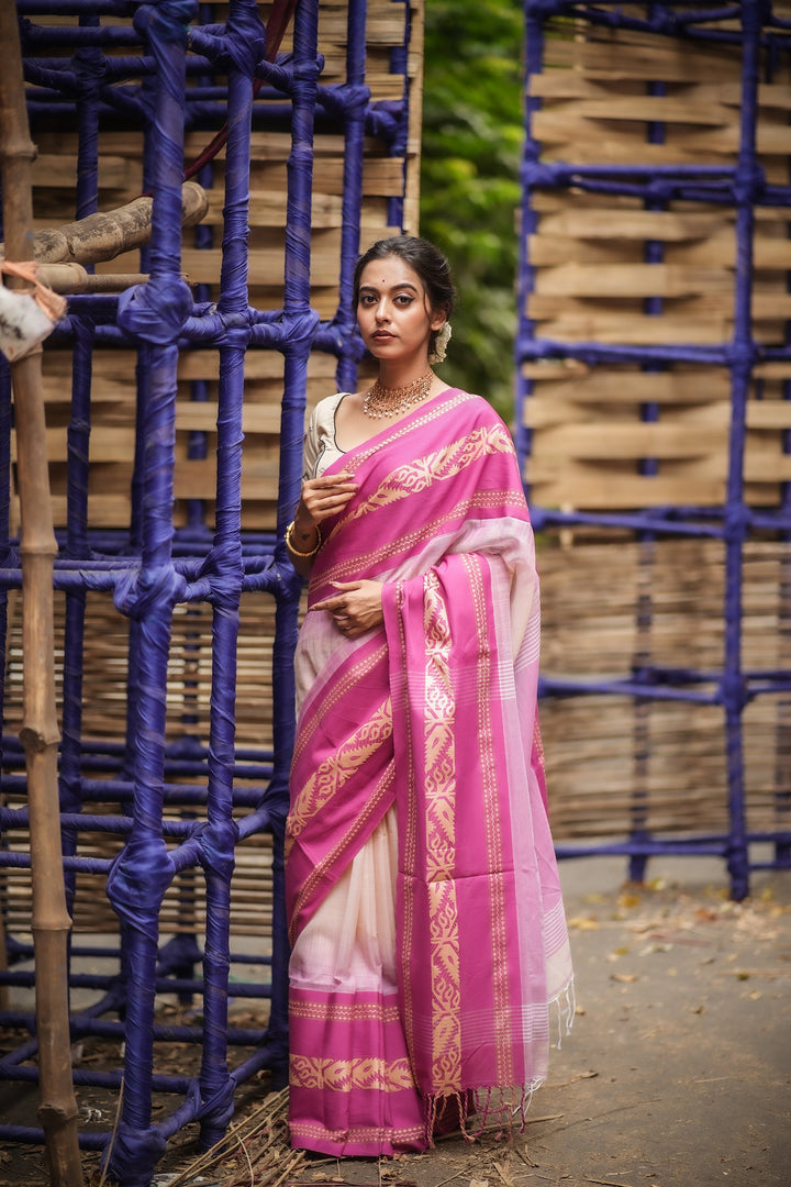 Golapi Padma Mahapaar Cotton Handloom Jamdani Saree