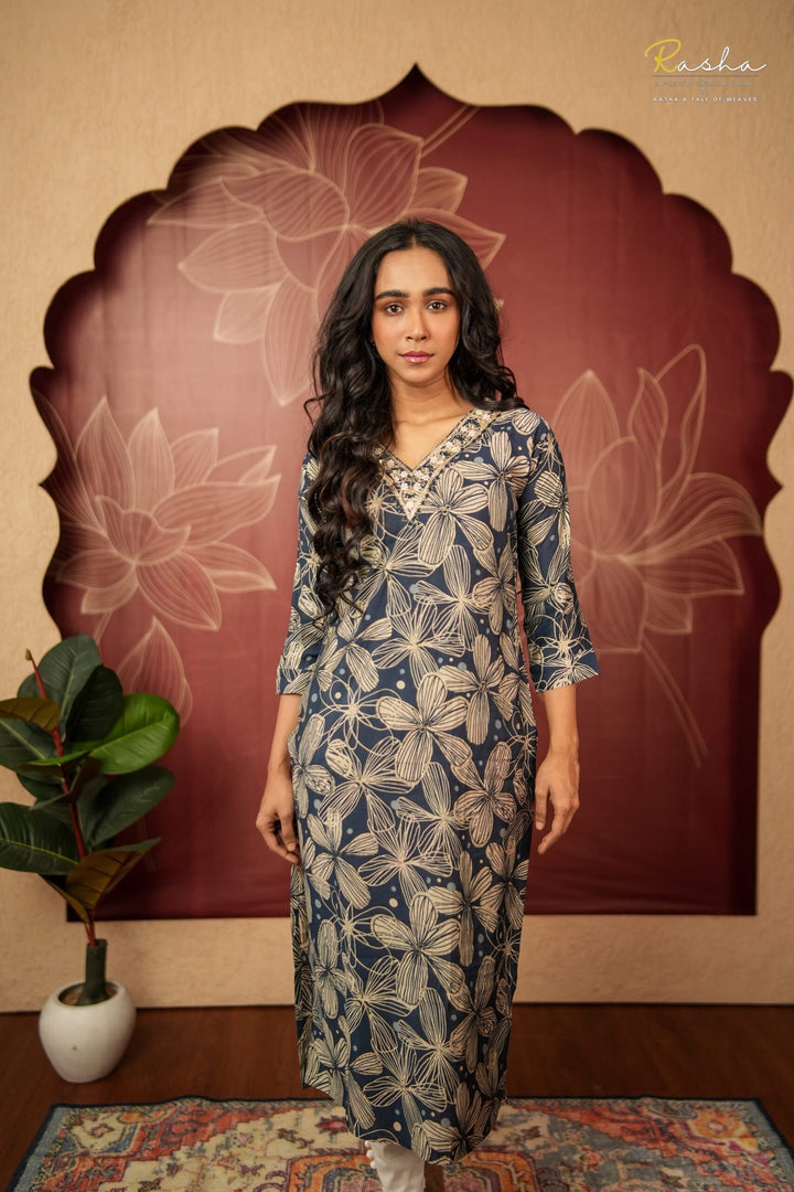 Navy Floral Grace Kurta For Women