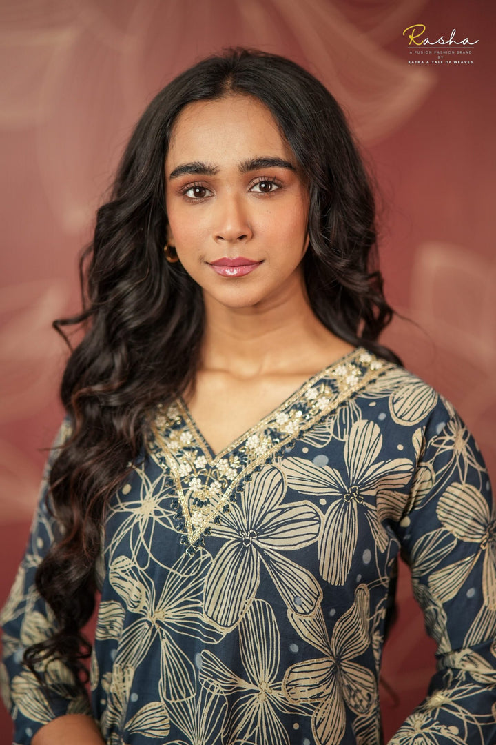 Navy Floral Grace Kurta For Women