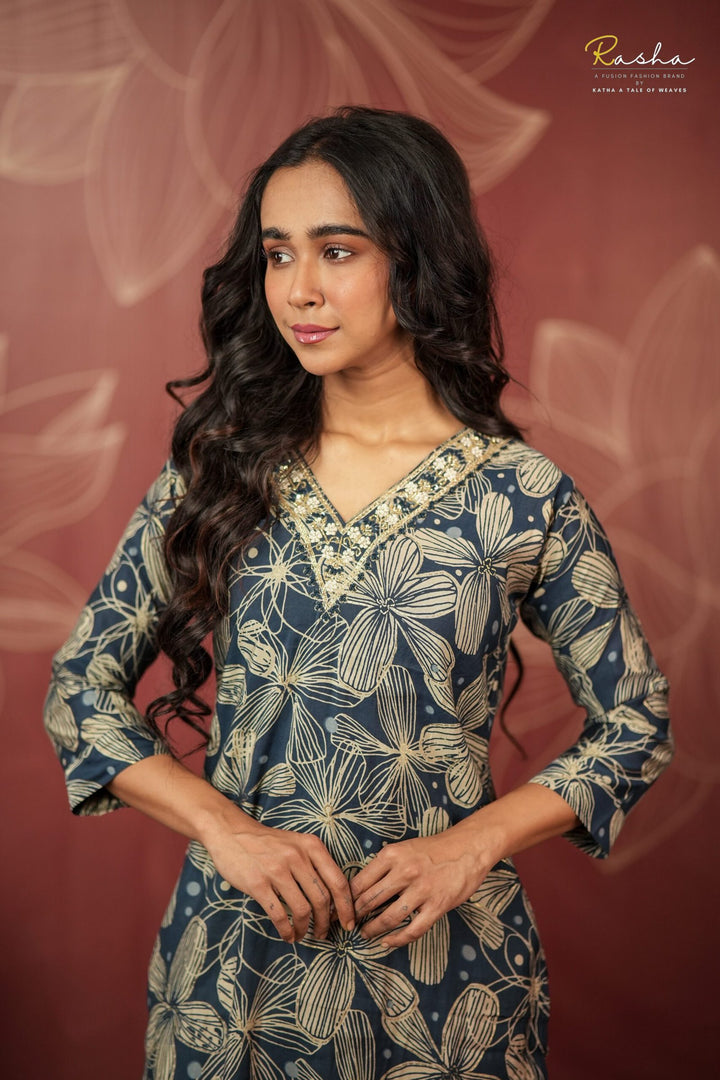 Navy Floral Grace Kurta For Women