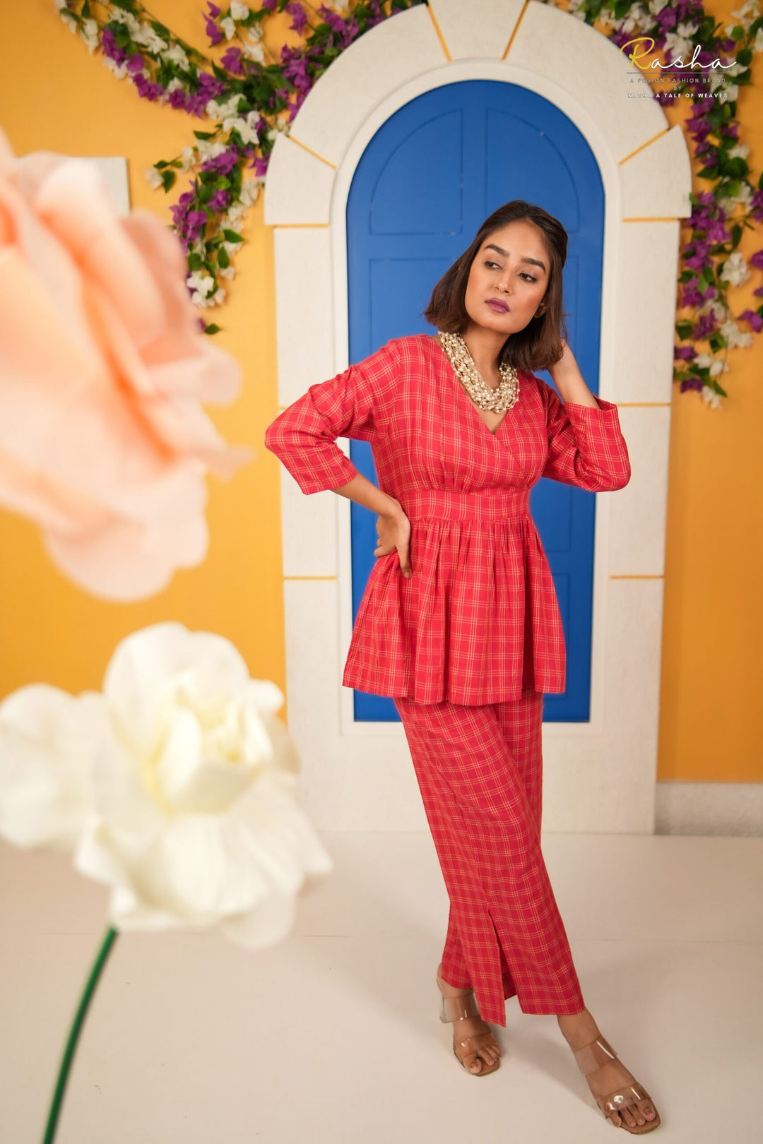 Red Cotton Checkmate Co-Ord Set