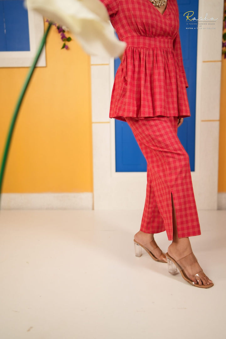 Red Cotton Checkmate Co-Ord Set
