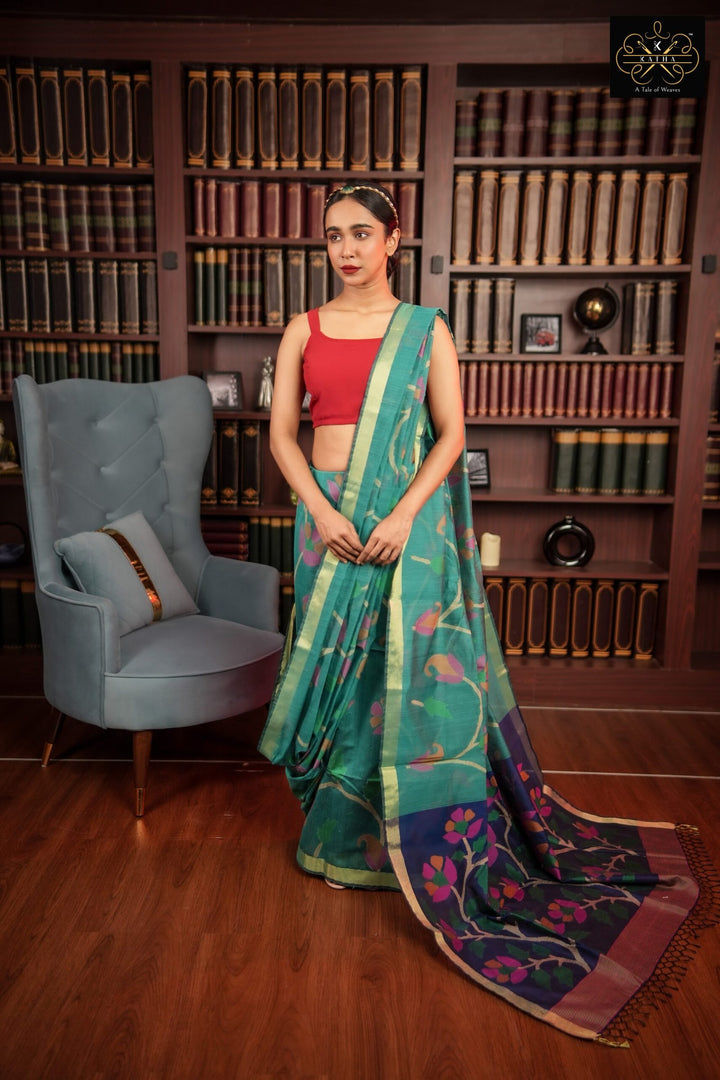 Peacock Meena Silk Muslin Jamdani Saree