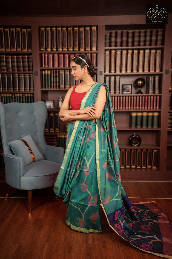 Peacock Meena Silk Muslin Jamdani Saree