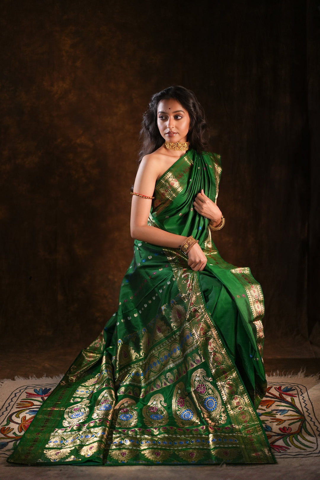 Itihasa - Emerald Handwoven Revival Baluchari Silk Saree with Gold Paisley &amp; Floral Zari Motifs