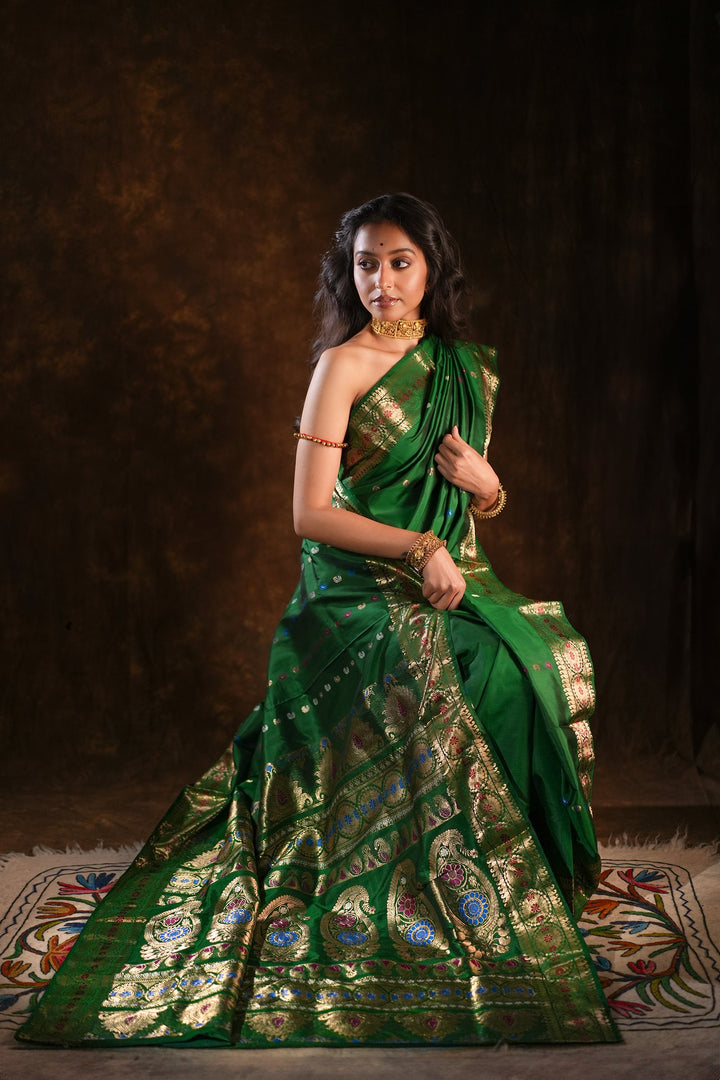 Itihasa - Emerald Handwoven Revival Baluchari Silk Saree with Gold Paisley &amp; Floral Zari Motifs