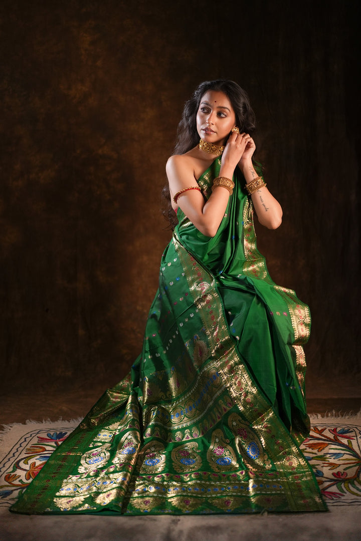 Itihasa - Emerald Handwoven Revival Baluchari Silk Saree with Gold Paisley &amp; Floral Zari Motifs