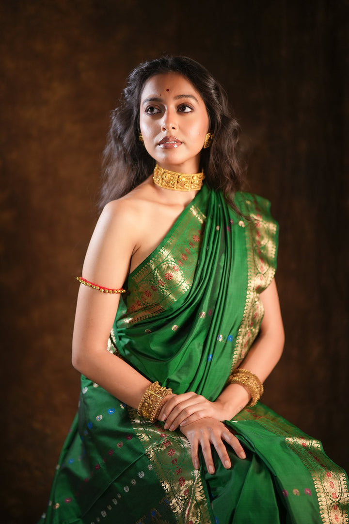 Itihasa - Emerald Handwoven Revival Baluchari Silk Saree with Gold Paisley &amp; Floral Zari Motifs