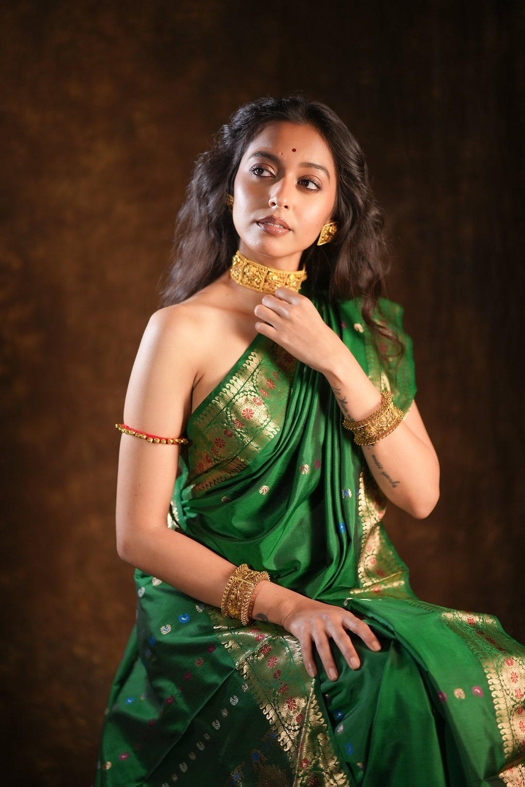 Itihasa - Emerald Handwoven Revival Baluchari Silk Saree with Gold Paisley &amp; Floral Zari Motifs
