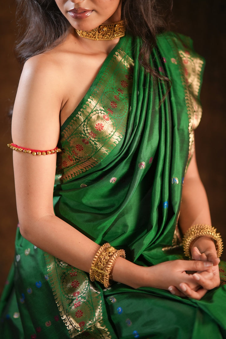 Itihasa - Emerald Handwoven Revival Baluchari Silk Saree with Gold Paisley &amp; Floral Zari Motifs