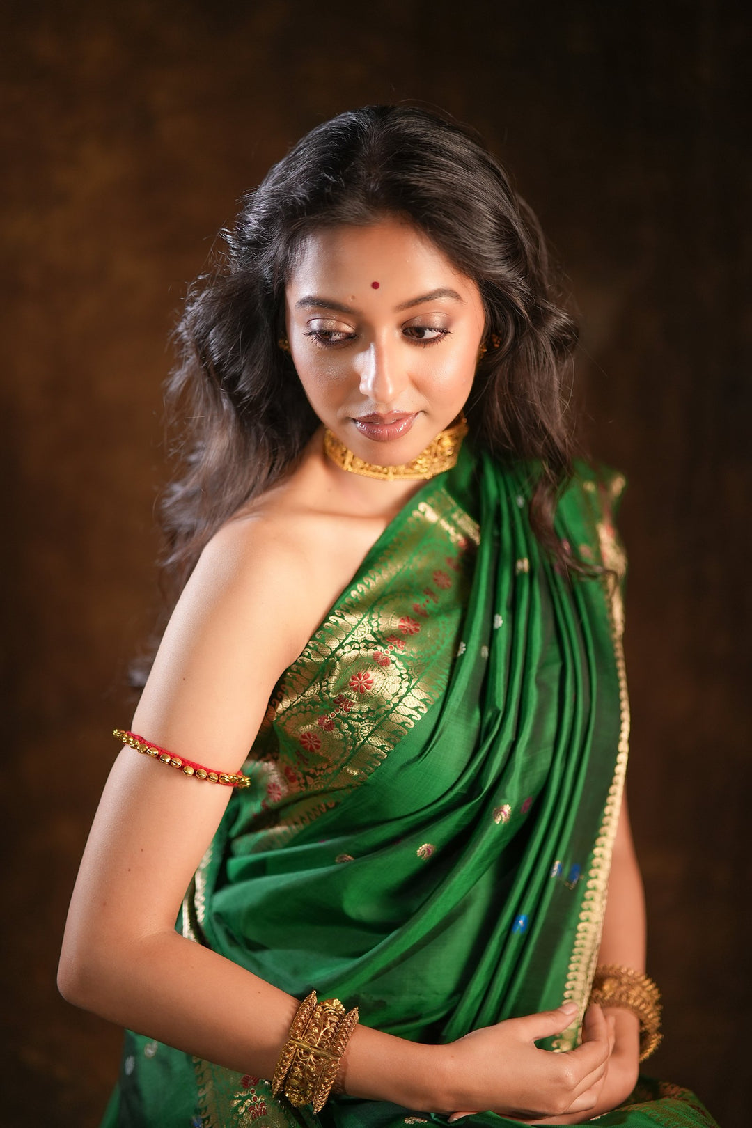 Itihasa - Emerald Handwoven Revival Baluchari Silk Saree with Gold Paisley &amp; Floral Zari Motifs