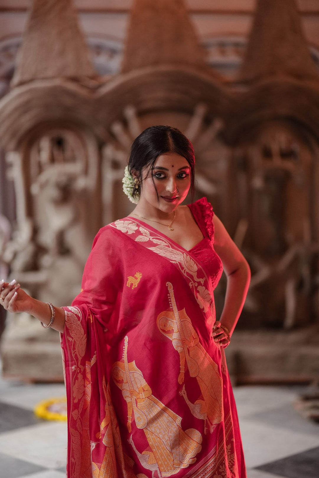 Bonedi Collection – Padma Palash Baluchari Saree