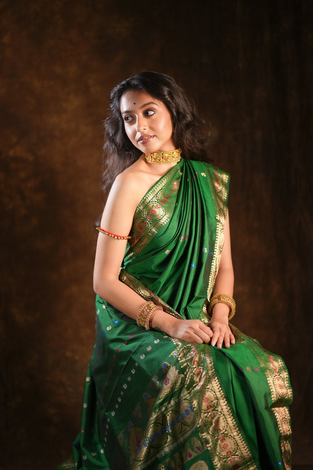 Itihasa - Emerald Handwoven Revival Baluchari Silk Saree with Gold Paisley &amp; Floral Zari Motifs