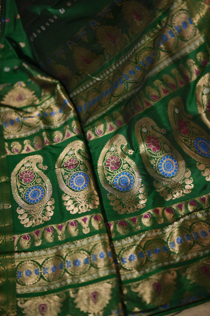Itihasa - Emerald Handwoven Revival Baluchari Silk Saree with Gold Paisley &amp; Floral Zari Motifs
