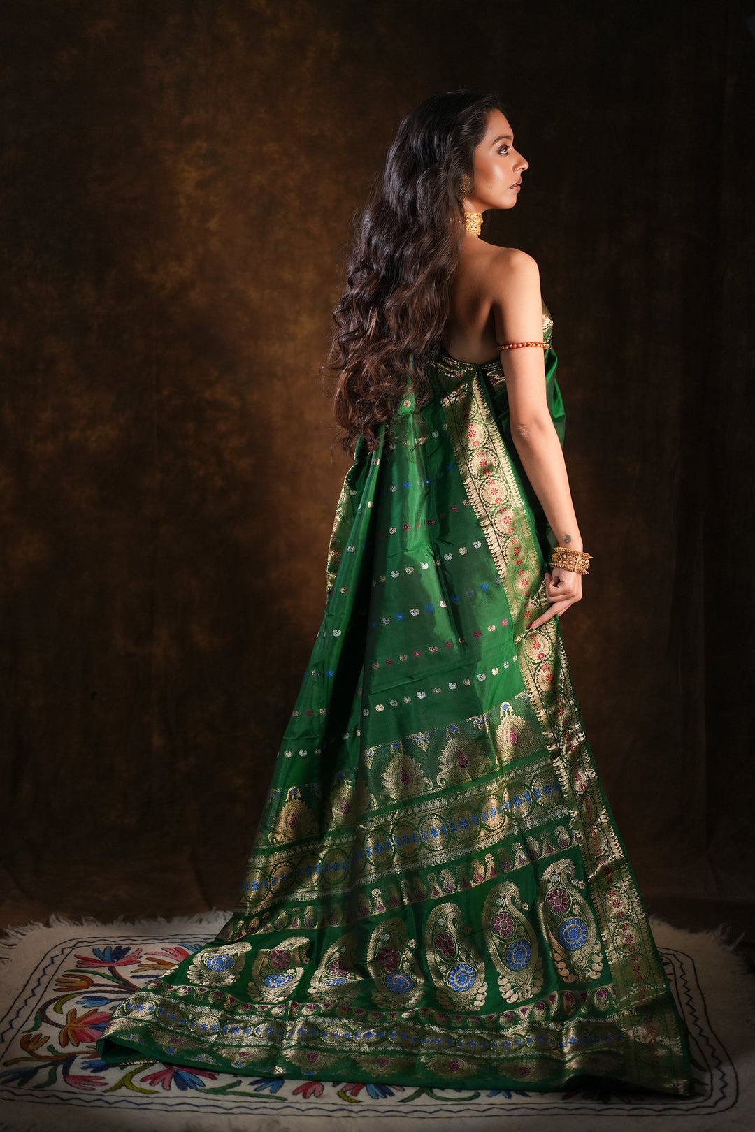 Itihasa - Emerald Handwoven Revival Baluchari Silk Saree with Gold Paisley &amp; Floral Zari Motifs