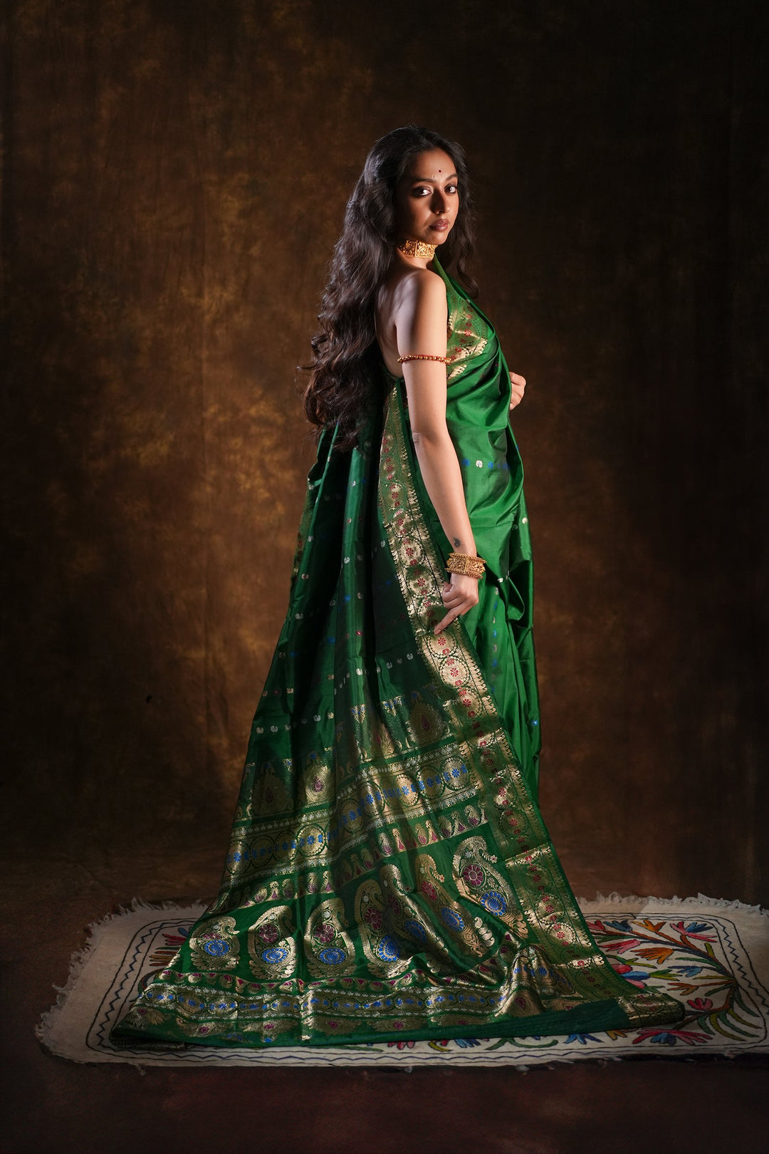 Itihasa - Emerald Handwoven Revival Baluchari Silk Saree with Gold Paisley &amp; Floral Zari Motifs