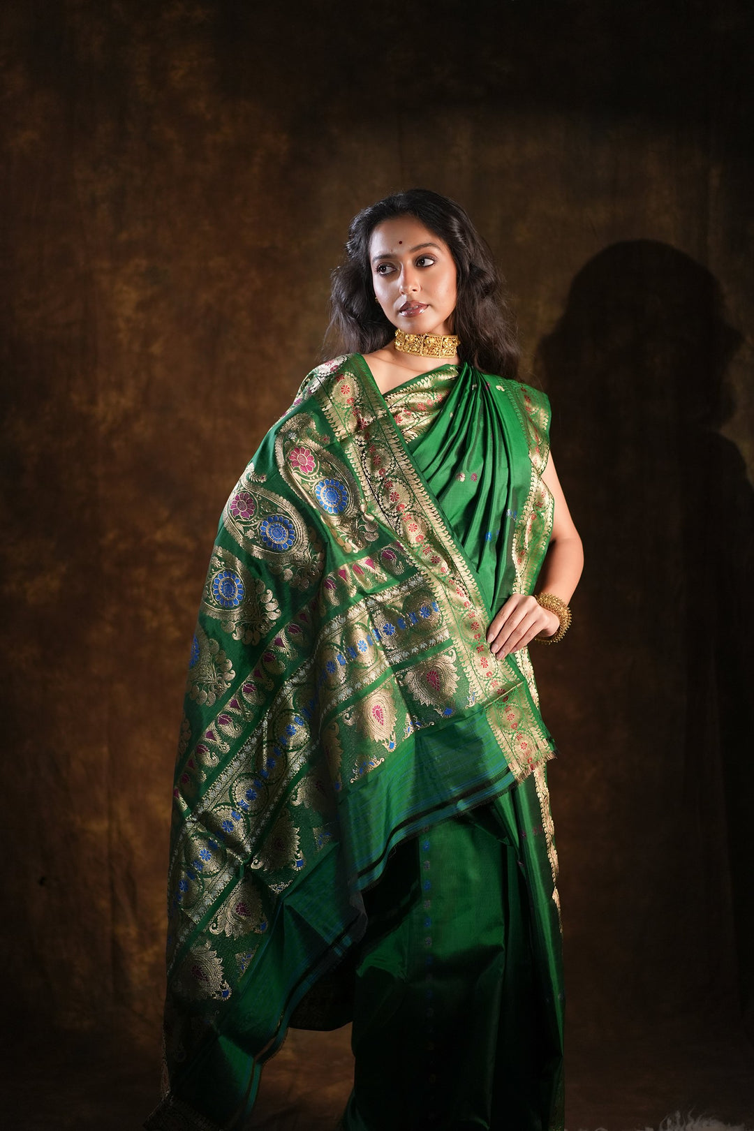 Itihasa - Emerald Handwoven Revival Baluchari Silk Saree with Gold Paisley &amp; Floral Zari Motifs