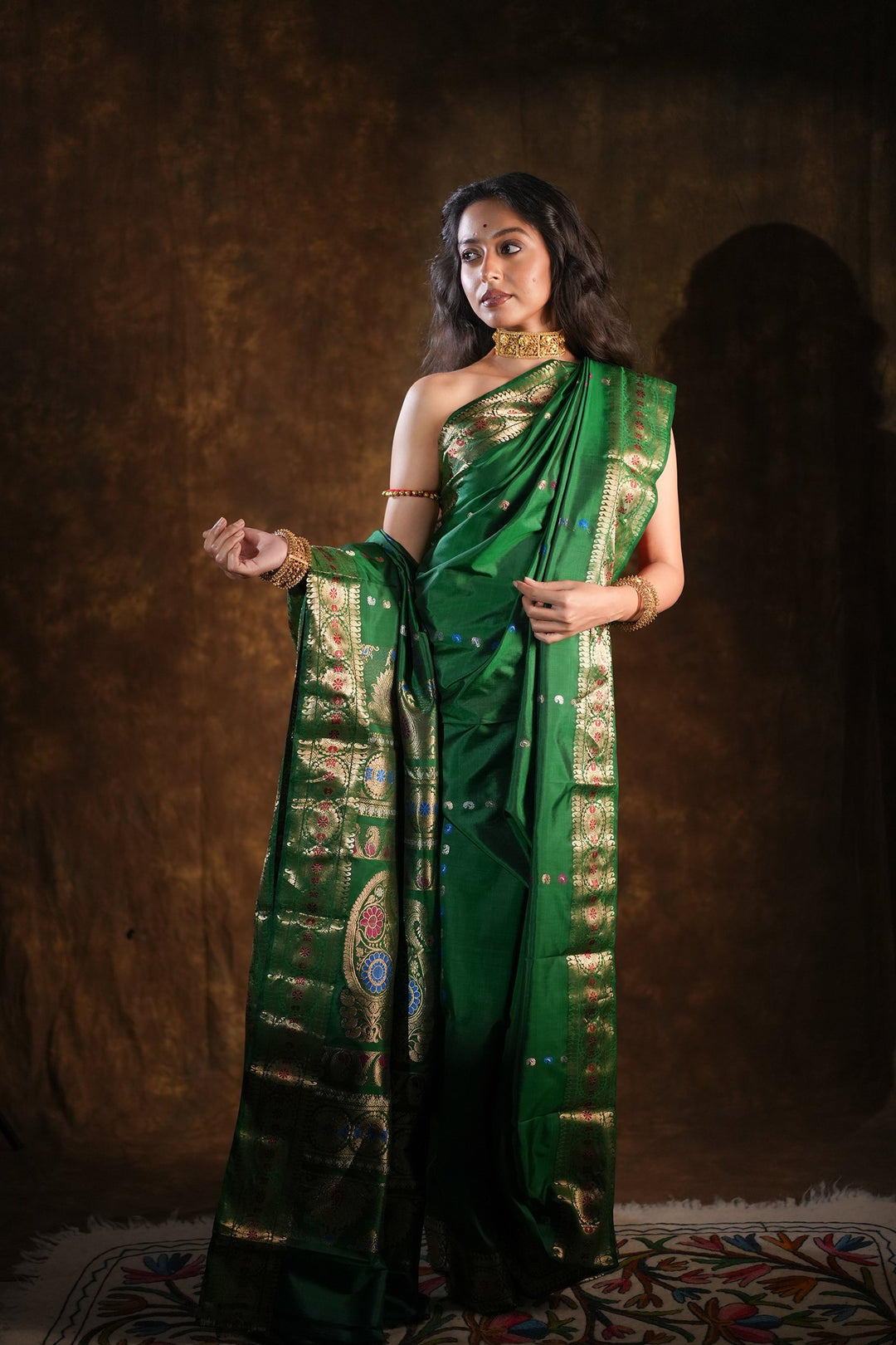 Itihasa - Emerald Handwoven Revival Baluchari Silk Saree with Gold Paisley &amp; Floral Zari Motifs