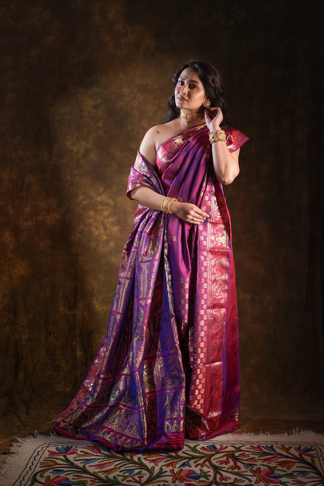 Swarnakatha - Royal Purple Swarnachuri Silk Saree with Handwoven Mythological Motifs