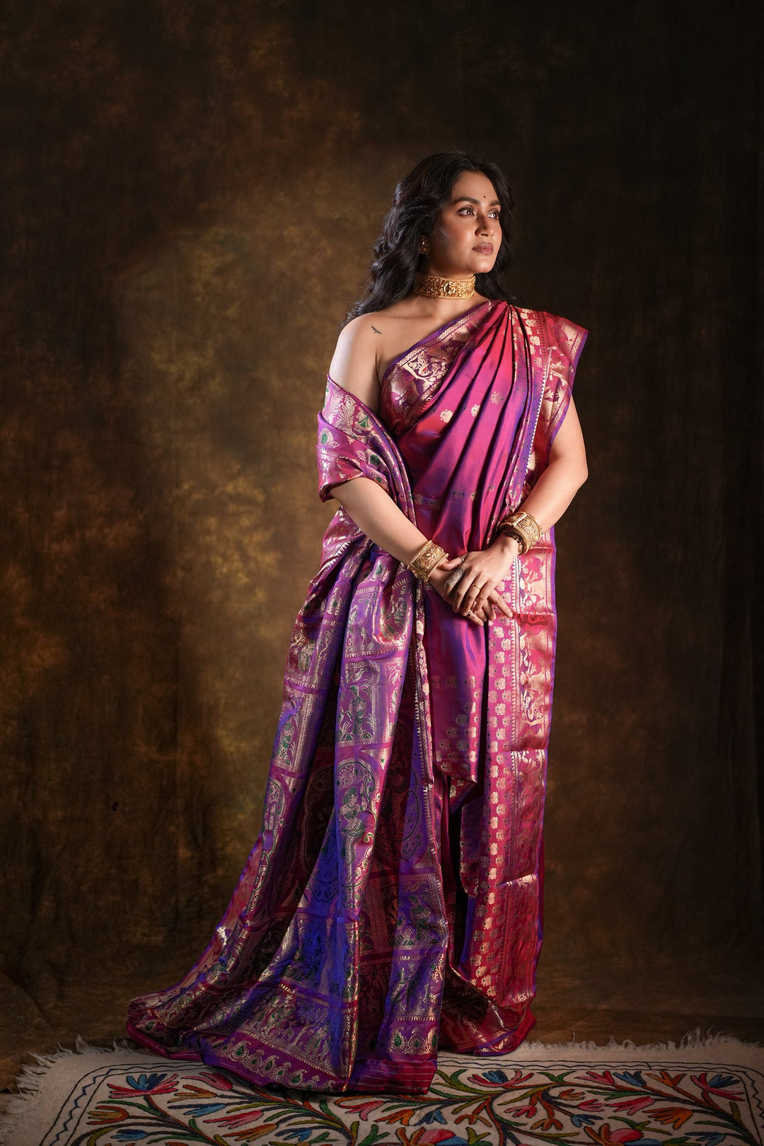 Swarnakatha - Royal Purple Swarnachuri Silk Saree with Handwoven Mythological Motifs
