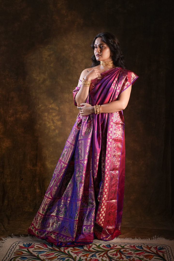 Swarnakatha - Royal Purple Swarnachuri Silk Saree with Handwoven Mythological Motifs