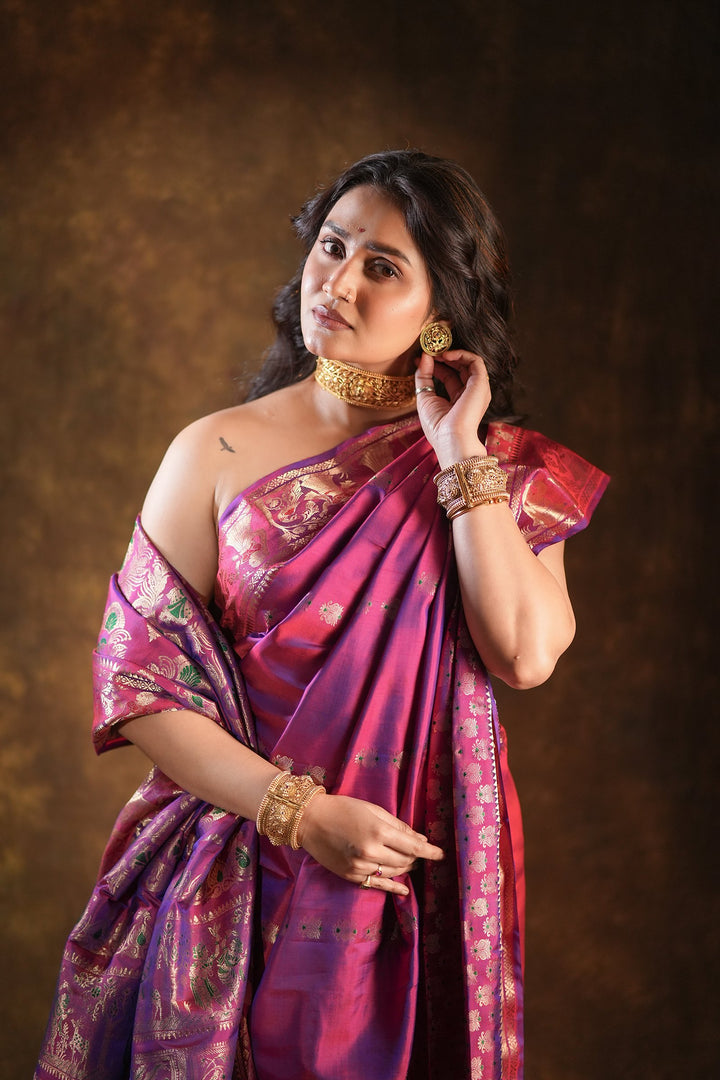 Swarnakatha - Royal Purple Swarnachuri Silk Saree with Handwoven Mythological Motifs