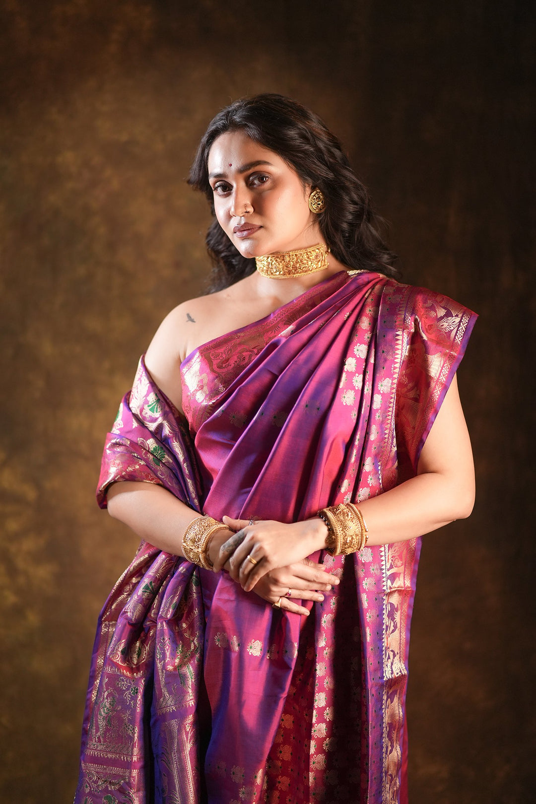 Swarnakatha - Royal Purple Swarnachuri Silk Saree with Handwoven Mythological Motifs