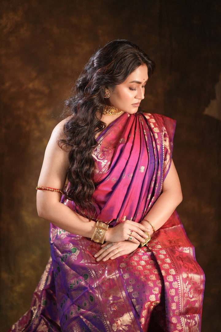Swarnakatha - Royal Purple Swarnachuri Silk Saree with Handwoven Mythological Motifs