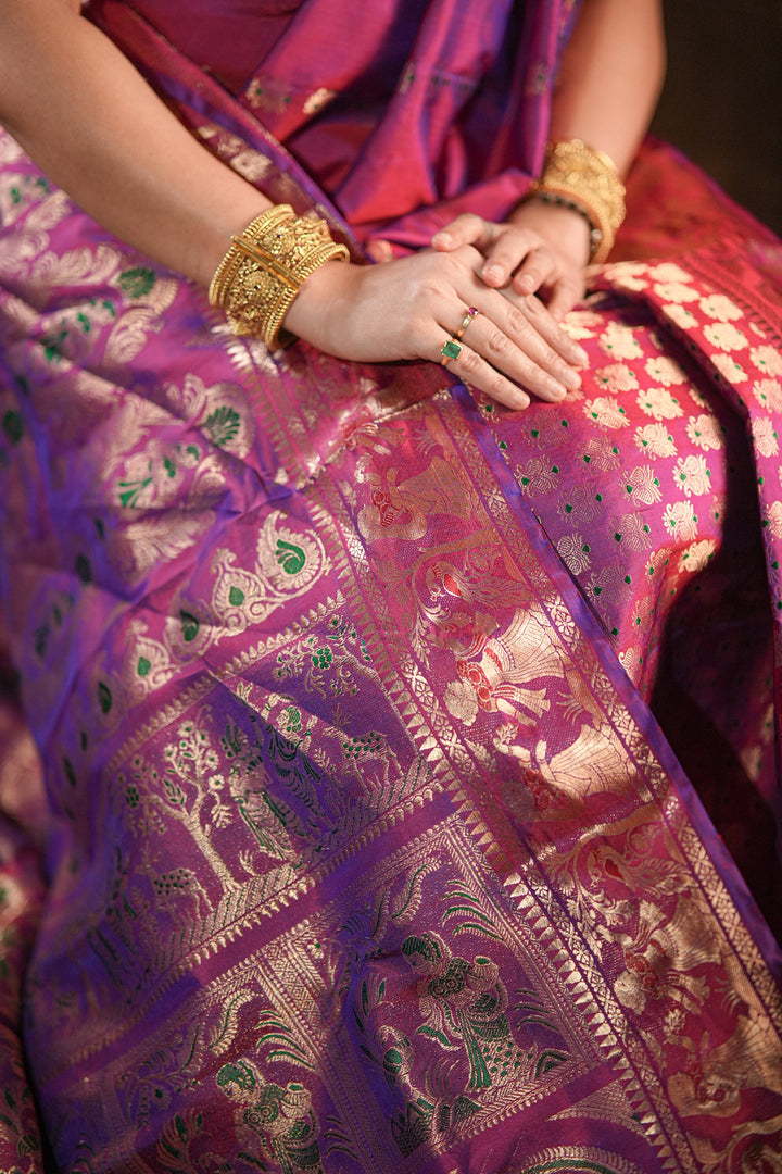 Swarnakatha - Royal Purple Swarnachuri Silk Saree with Handwoven Mythological Motifs