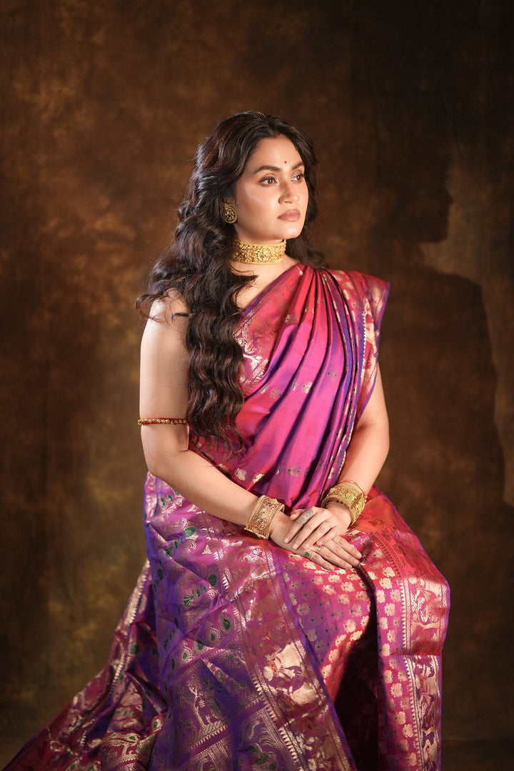 Swarnakatha - Royal Purple Swarnachuri Silk Saree with Handwoven Mythological Motifs
