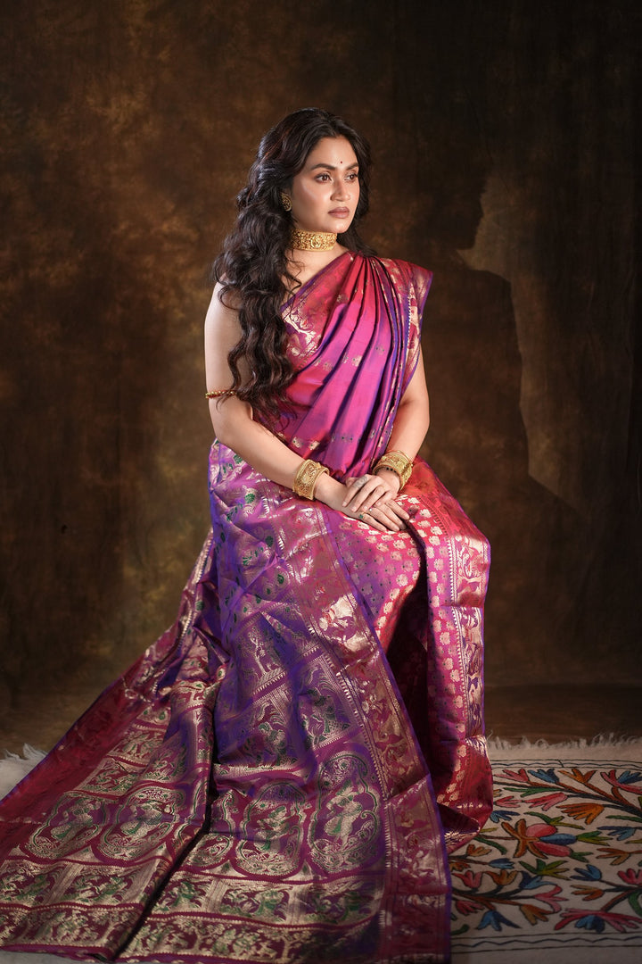 Swarnakatha - Royal Purple Swarnachuri Silk Saree with Handwoven Mythological Motifs