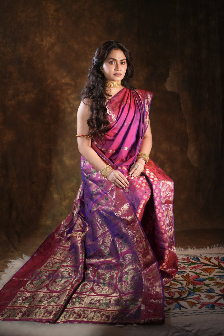 Swarnakatha - Royal Purple Swarnachuri Silk Saree with Handwoven Mythological Motifs