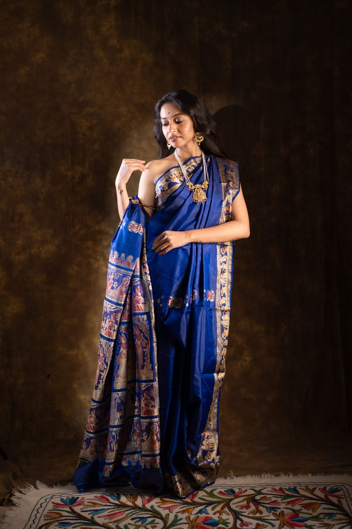 Rajkatha - Baluchari Silk Saree in Royal Blue with Regal Mythological Weaves