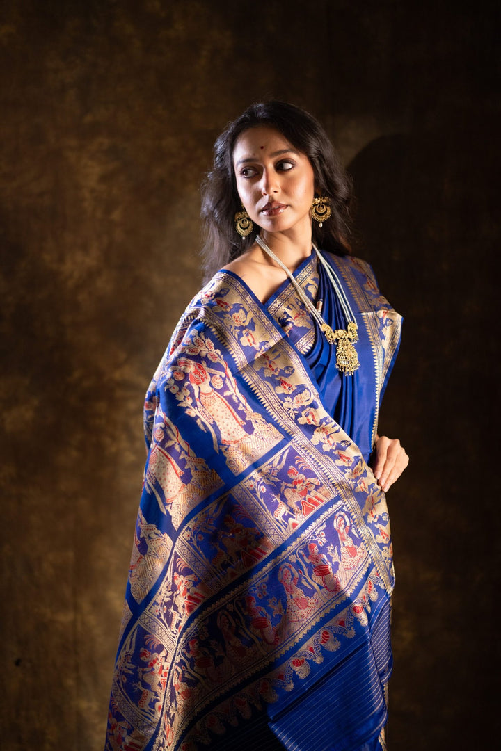 Rajkatha - Baluchari Silk Saree in Royal Blue with Regal Mythological Weaves