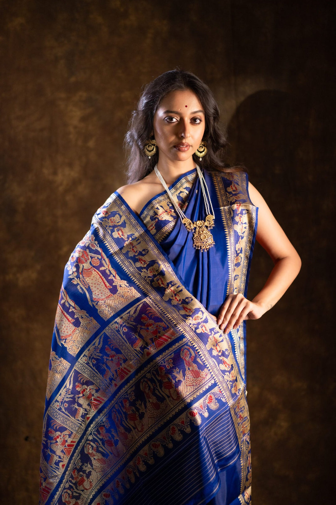 Rajkatha - Baluchari Silk Saree in Royal Blue with Regal Mythological Weaves