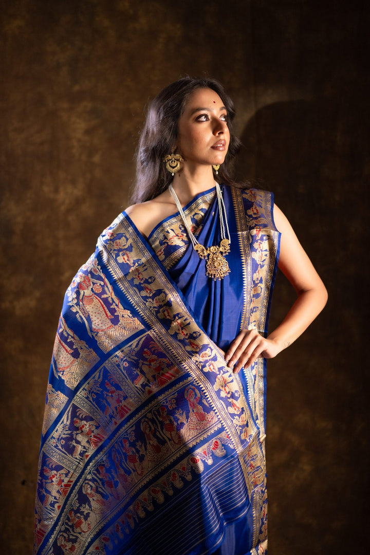 Rajkatha - Baluchari Silk Saree in Royal Blue with Regal Mythological Weaves