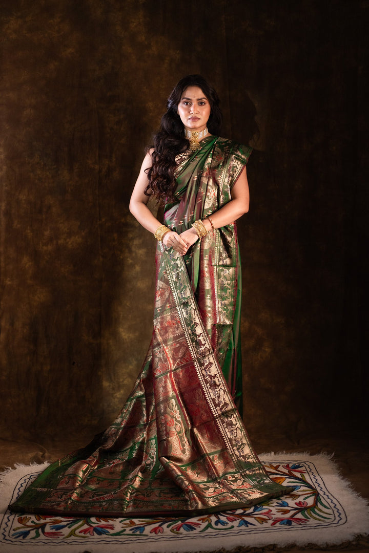 Mahakatha - Lush Green Baluchari Silk Saree with Grand Mythic Border Weaves
