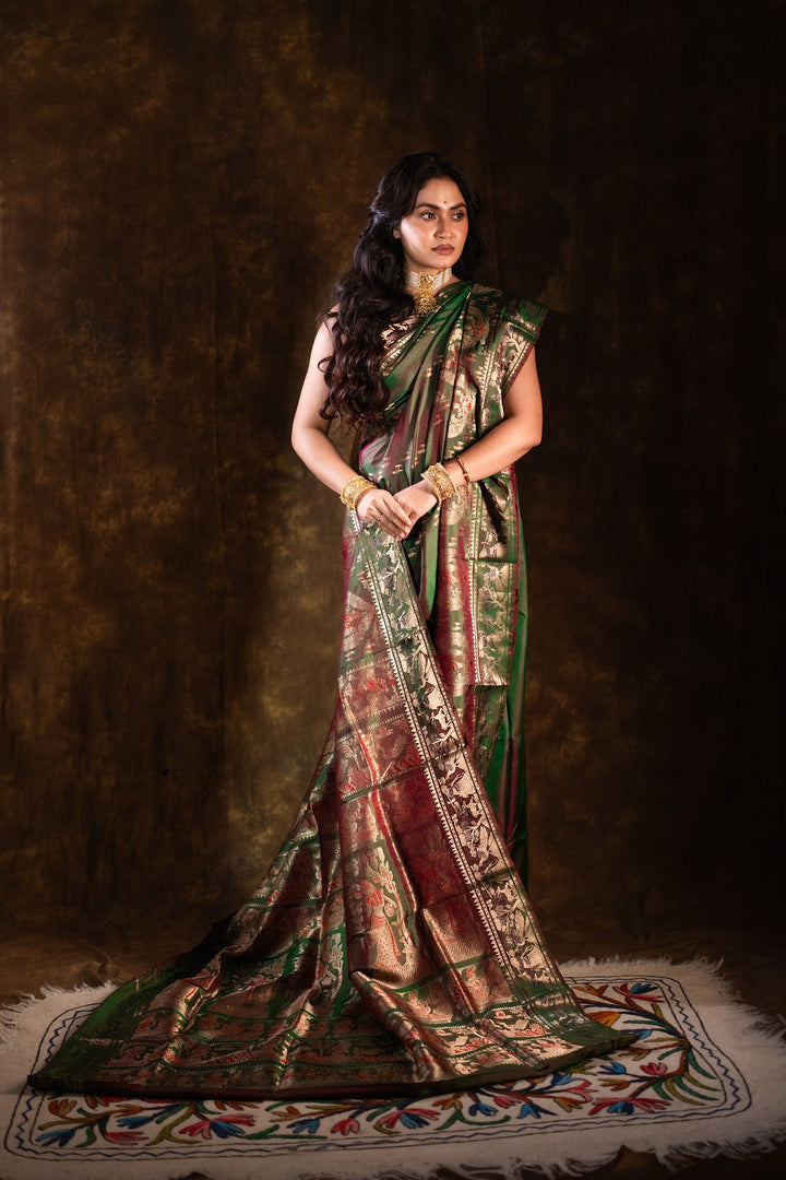 Mahakatha - Lush Green Baluchari Silk Saree with Grand Mythic Border Weaves